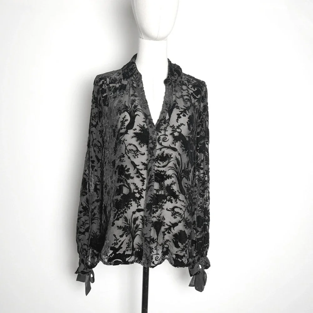 PAIGE Black Burnout Velvet Devore Floral Sheer Button Down Blouse Tie Cuff M